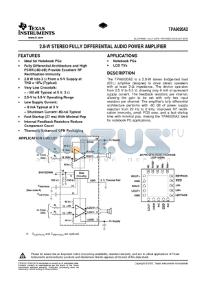 TPA6020A2RGWT datasheet - 2.8-W STEREO FULLY DIFFERENTIAL AUDIO POWER AMPLIFIER