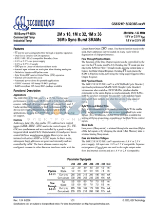 GS8321E18GE-250IV datasheet - 2M x 18, 1M x 32, 1M x 36 36Mb Sync Burst SRAMs