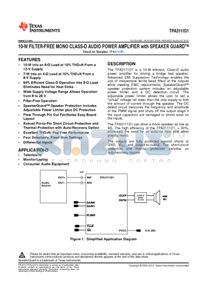 TPA3111D1_101 datasheet - 10-W FILTER-FREE MONO CLASS-D AUDIO POWER AMPLIFIER with SPEAKER GUARD