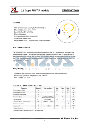 XPD0250CT-001-A1PSAB datasheet - 2.5 Gbps PIN-TIA module