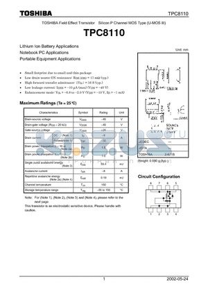 TPC8110 datasheet - TOSHIBA Field Effect Transistor Silicon P Channel MOS Type (U-MOS III)