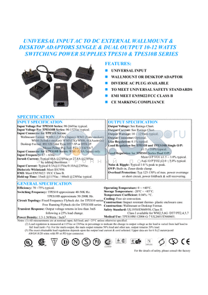 TPES10-18006-0-G datasheet - UNIVERSAL INPUT AC TO DC EXTERNAL WALLMOUNT & DESKTOP ADAPTORS SINGLE & DUAL OUTPUT 10-12 WATTS  SWITCHING POWER SUPPLIES TPES10 & TPES10B SERIES