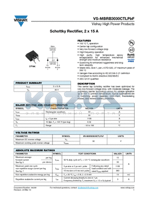 MBRB3030CTLTRLPBF datasheet - Schottky Rectifier, 2 x 15 A