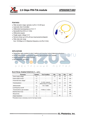 XPD0250CT-003-A1MNCB datasheet - 2.5 Gbps PIN-TIA module