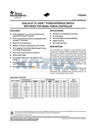 TPS2226 datasheet - DUAL-SLOT PC CARD POWER-INTERFACE SWITCH WITH RESET FOR SERIAL PCMCIA CONTROLLER