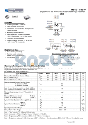 MBS8 datasheet - Single Phase 0.8 AMP Glass Passivated Bridge Rectifiers