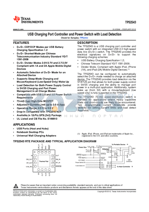 TPS2543RTET datasheet - USB Charging Port Controller and Power Switch with Load Detection