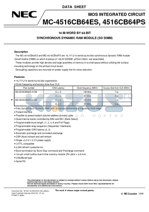 MC-4516CB64PS-A10B datasheet - 16 M-WORD BY 64-BIT SYNCHRONOUS DYNAMIC RAM MODULE SO DIMM