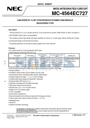 MC-4564EC727PF-A75 datasheet - 64M-WORD BY 72-BIT SYNCHRONOUS DYNAMIC RAM MODULE REGISTERED TYPE