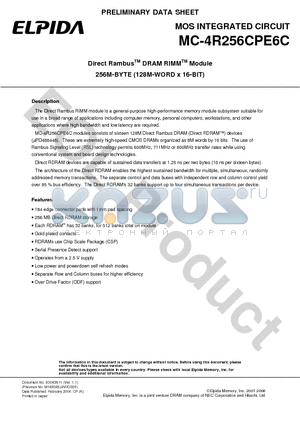 MC-4R256CPE6C-653 datasheet - Direct Rambus DRAM RIMM Module 256M-BYTE (128M-WORD x 16-BIT)