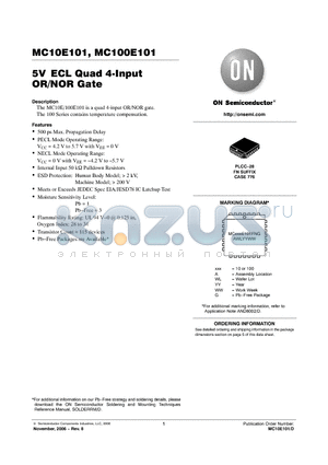 MC100E101FNR2G datasheet - 5VECL Quad 4-Input OR/NOR Gate