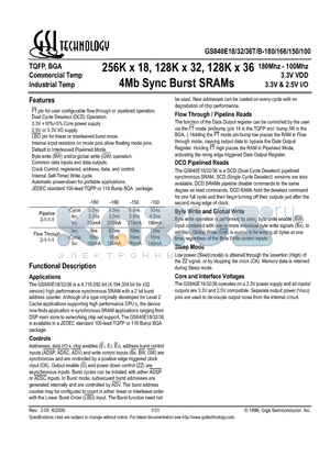 GS840E18T-180 datasheet - 256K x 18, 128K x 32, 128K x 36 4Mb Sync Burst SRAMs