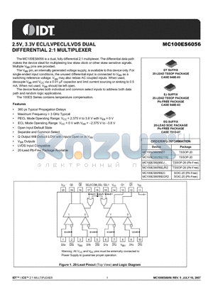 MC100ES6056EGR2 datasheet - 2.5V, 3.3V ECL/LVPECL/LVDS DUAL DIFFERENTIAL 2:1 MULTIPLEXER