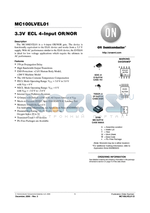 MC100LVEL01DTG datasheet - 3.3V ECL 4−Input OR/NOR