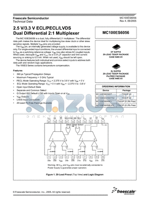 MC100ES6056EJ datasheet - 2.5 V/3.3 V ECL/PECL/LVDS Dual Differential 2:1 Multiplexer