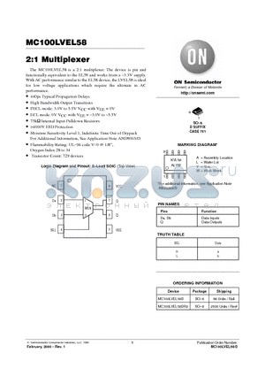 MC100LVEL58 datasheet - 2:1 Multiplexer