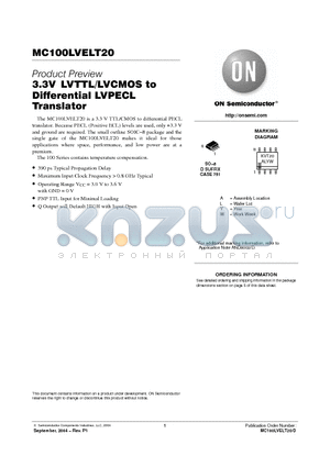 MC100LVELT20D datasheet - 3.3V LVTTL/LVCMOS to Differential LVPECL Translator