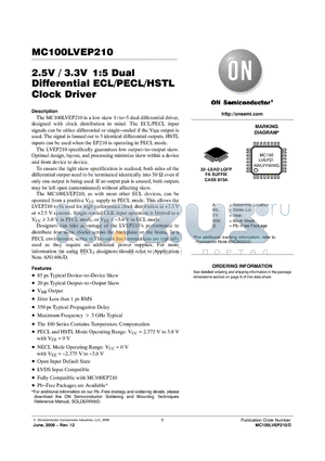 MC100LVEP210FA datasheet - 2.5V / 3.3V 1:5 Dual Differential ECL/PECL/HSTL Clock Driver