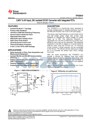 TPS55010 datasheet - 2.95V To 6V Input, 2W, Isolated DC/DC Converter with Integrated FETs