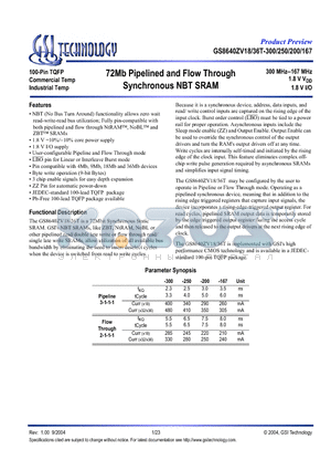 GS8640ZV36GT-200I datasheet - 72Mb Pipelined and Flow Through Synchronous NBT SRAM