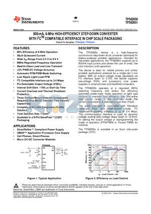 TPS62650 datasheet - 800-mA, 6-MHz HIGH-EFFICIENCY STEP-DOWN CONVERTER WITH I2CTM COMPATIBLE