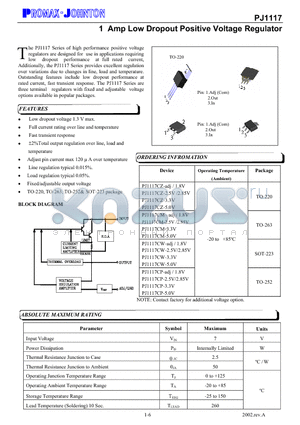 PJ1117 datasheet - 1 Amp Low Dropout Positive Voltage Regulator