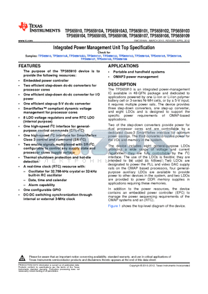 TPS65910A3A1RSLR datasheet - Integrated Power Management Unit Top Specification