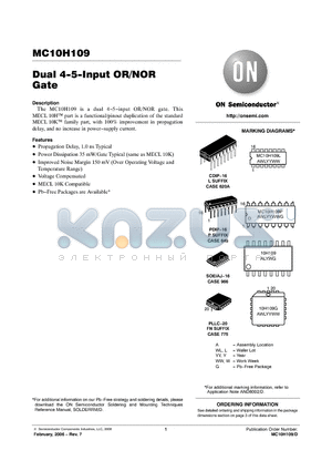 MC10H109PG datasheet - Dual 4−5−Input OR/NOR Gate