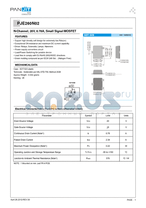 PJE260N02 datasheet - N-Channel, 20V, 0.78A, Small Signal MOSFET