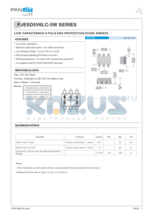 PJESD6V8LC-5W datasheet - LOW CAPACITANCE 5-FOLD ESD PROTECTION DIODE ARRAYS