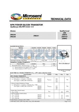 JAN2N6250 datasheet - NPN POWER SILICON TRANSISTOR