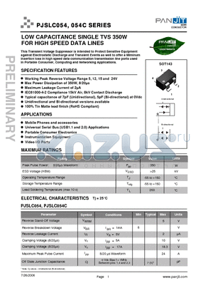 PJSLC054 datasheet - LOW CAPACITANCE SINGLE TVS 350W FOR HIGH SPEED DATA LINES