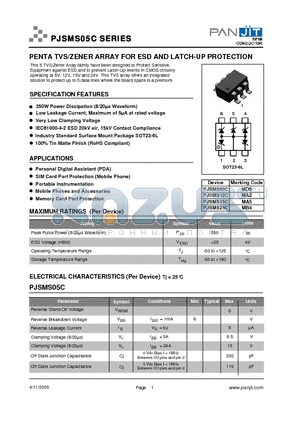 PJSMS15C datasheet - PENTA TVS/ZENER ARRAY FOR ESD AND LATCH-UP PROTECTION