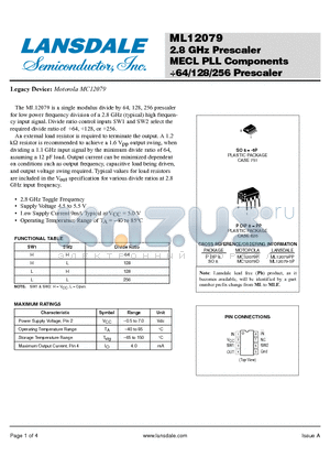 MC12079P datasheet - 2.8 GHz Prescaler MECL PLL Components 64/128/256 Prescaler