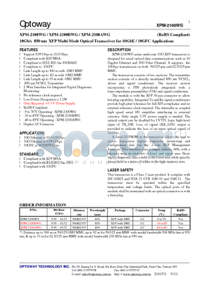 XPM-2100WG_10 datasheet - 10Gb/s 850 nm XFP Multi-Mode Optical Transceiver for 10GbE / 10GFC Applications