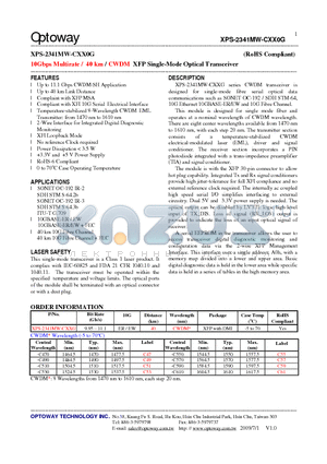 XPS-2341MW-CXX0G datasheet - 10Gbps Multirate / 40 km / CWDM XFP Single-Mode Optical Transceiver