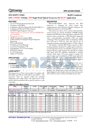XPS-4310W-CXX0G datasheet - 3.3V / CWDM / 8.5Gbps XFP Single-Mode Optical Transceiver for 8G FC Applications