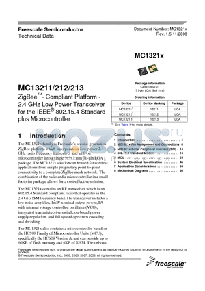 MC13211R2 datasheet - ZigBee- Compliant Platform - 2.4 GHz Low Power Transceiver for the IEEE^ 802.15.4 Standard plus Microcontroller