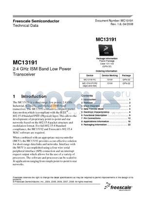 MC13191 datasheet - 2.4 GHz ISM Band Low Power Transceiver