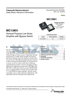 MC13851 datasheet - General Purpose Low Noise Amplifier with Bypass Switch