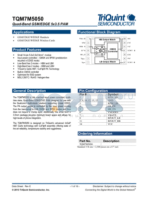 TQM7M5050 datasheet - Quad-Band GSM/EDGE 5x3.5 PAM