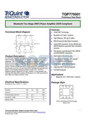 TQP770001 datasheet - Bluetooth Two Stage (HBT) Power Amplifier (EDR Compliant)
