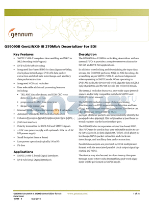 GS9090B datasheet - GenLINX III 270Mb/s Deserializer for SDI