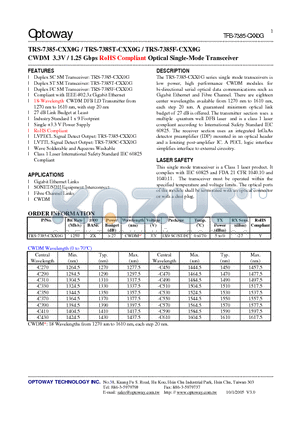 TRS-7385-CXX0G datasheet - CWDM 3.3V / 1.25 Gbps RoHS Compliant Optical Single-Mode Transceiver