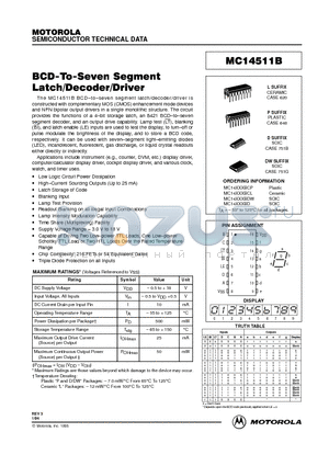 MC14511BD datasheet - BCD-TO-SEVEN SEGMENT LATCH/DECODER/DRIVER