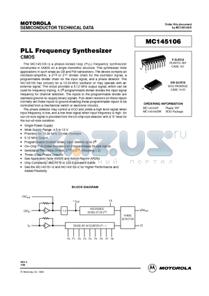 MC145106P datasheet - PLL FREQUENCY SYNTHESIZER CMOS