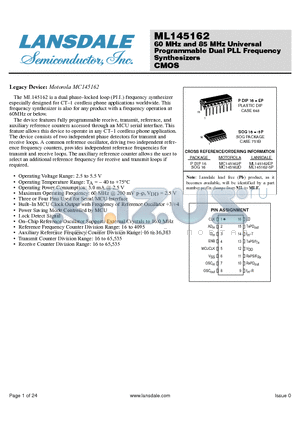 MC145162D datasheet - 60 MHz and 85 MHz Universal Programmable Dual PLL Frequency Synthesizers CMOS