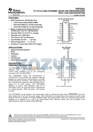 TRSF3222ECDW datasheet - 3-V TO 5.5-V MULTICHANNEL RS-232 LINE DRIVER/RECEIVER WITH a15-kV ESD PROTECTION