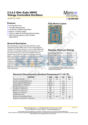 XQ1000-BD-000V datasheet - 5.5-6.5 GHz GaAs MMIC Voltage Controlled Oscillator