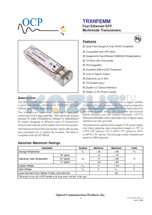 TRXNFEMM4ASS datasheet - Fast Ethernet SFP Multimode Transceivers
